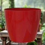 30cm Round Mirror Finish Planter - Crimson Red with Tray